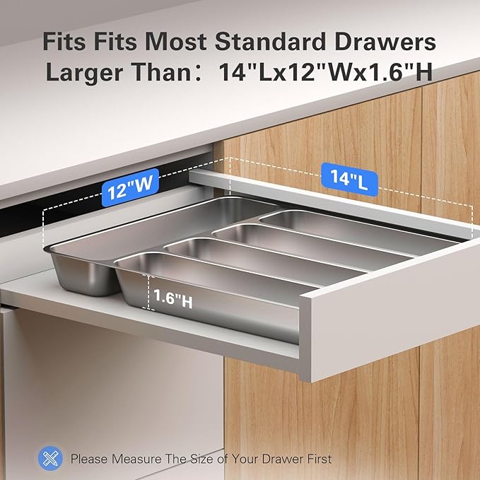 Zarler Stainless Steel Silverware Organizer, Durable Metal Utensil Drawer Organizer with 5 Compartments, Silverware Tray for Drawer, Dishwasher Safe, 13.8" x 11.4" x 1.6", Silver