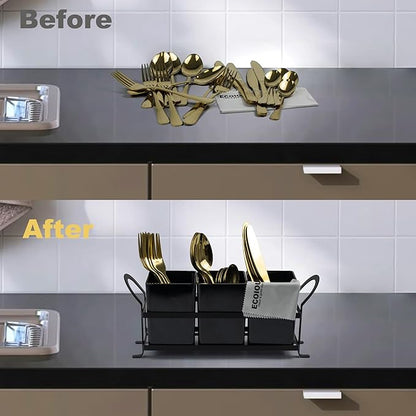 ECOIOU Cutlery Holder with Drain Holes, Dishwasher Safe Silverware Caddy for Party, Kitchen Counter, 3pcs Bins Set Countertop Utensil Holder for Spoons, Forks and Knives, Black