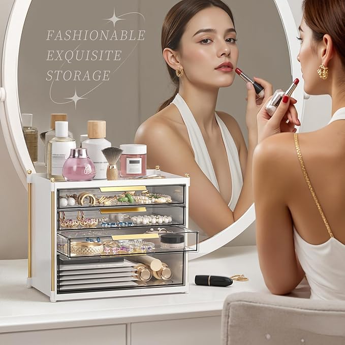 Aveniee 4 Drawers Makeup Organizer- Bathroom Organizers and Storage, Plastic Bins Countertop Perfume Vanity Desk Organization for Cosmetic, Skincare, Face Mask, Jewelry, White