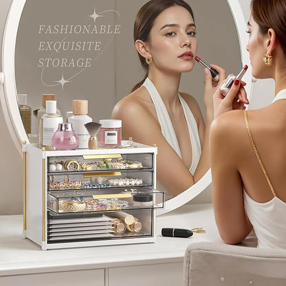 Aveniee 4 Drawers Makeup Organizer- Bathroom Organizers and Storage, Plastic Bins Countertop Perfume Vanity Desk Organization for Cosmetic, Skincare, Face Mask, Jewelry, White