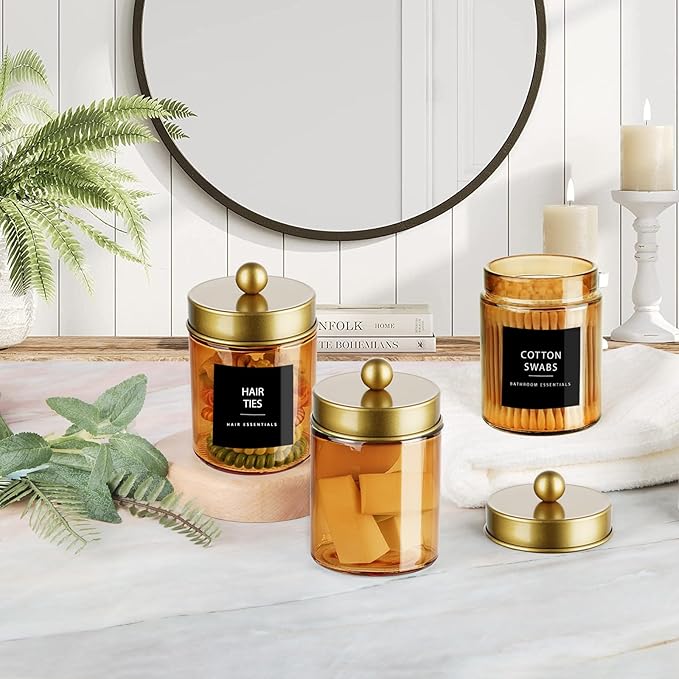 3 Pack Apothecary Jar Canisters Bathroom Vanity Organizer - Qtip Holder Storage Organizer Set Countertop Canister with Stainless Steel Lids &Cute Stickers for Qtips,Cotton Swabs,Makeup Sponges,Floss