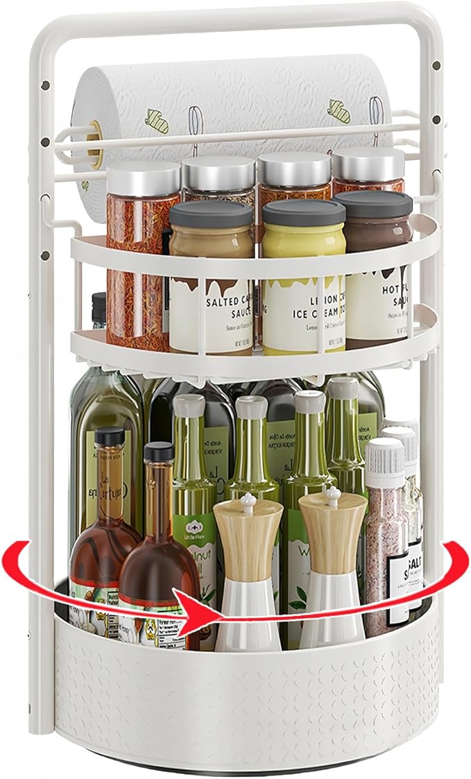 Rotating Spice Rack with Paper Towel Holder, 2 Tier Turntable Lazy Susan, Seasoning Organizer for Kitchen Countertop Cabinet, White
