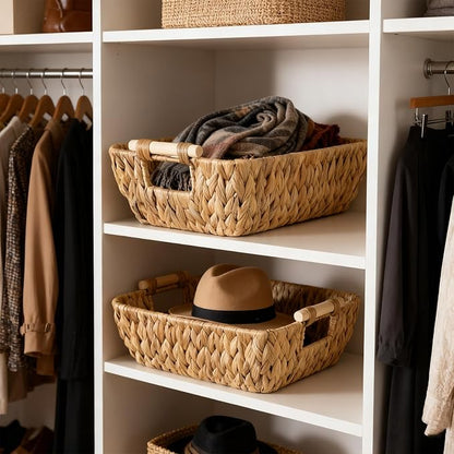 2 Pack Wicker Storage Baskets with Wooden Handles, Large Water Hyacinth Basket for Organizing Shelves, Natural Woven Storage Baskets for Snack, Gift