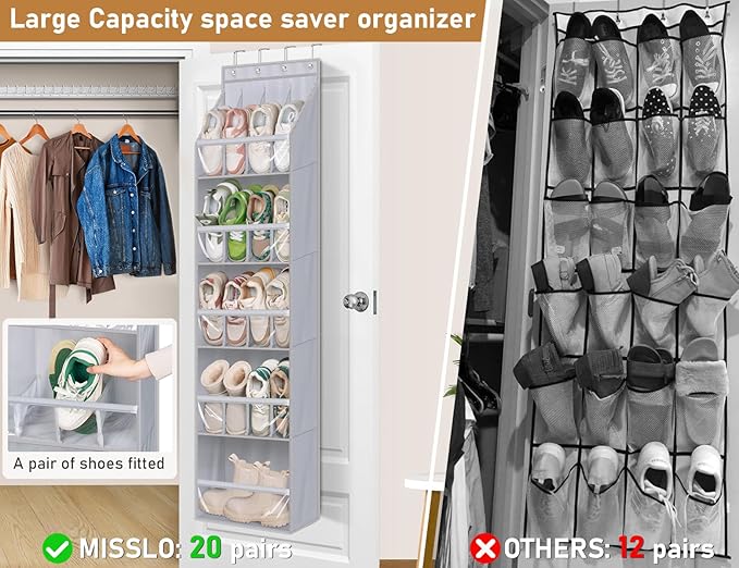MISSLO 20 Pairs Over the Door Shoe Organizer for Closet Narrow Hanging Shoe Rack for Door Hanger Deep Pocket Door Shoe Holder Storage for Boots, Size 13 Sneakers, Grey