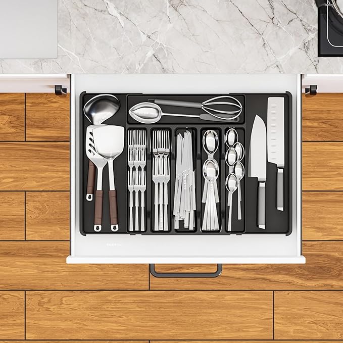 Yieach Black Expandable Silverware Drawer Organizer - Adjust From 11'' to 22'' - Knife,Cutlery,Spoons and Forks Organizer,Large 8 Grid Flatware,Silverware Tray,Utensil Organizer for Kitchen Drawers