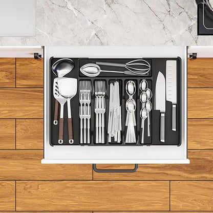 Yieach Black Expandable Silverware Drawer Organizer - Adjust From 11'' to 22'' - Knife,Cutlery,Spoons and Forks Organizer,Large 8 Grid Flatware,Silverware Tray,Utensil Organizer for Kitchen Drawers