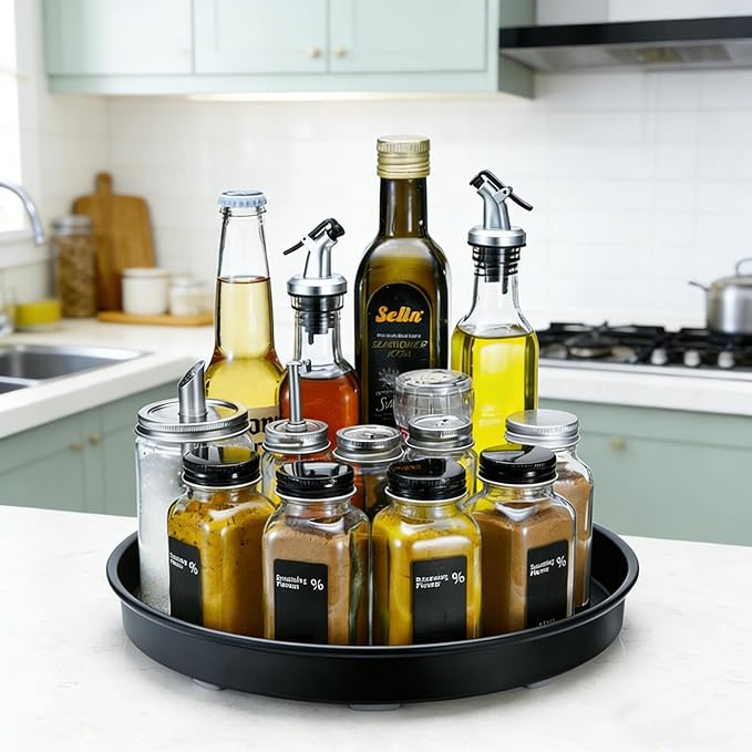Amolliar Lazy Susan Organizer, Metal Rotating Turntable Spice Rack for Kitchen, Fridge, Cabinet, Countertop, Pantry Storage Organizer, Under Sink Organizer, Tray for Household Purpose, Black 10" 1Pack