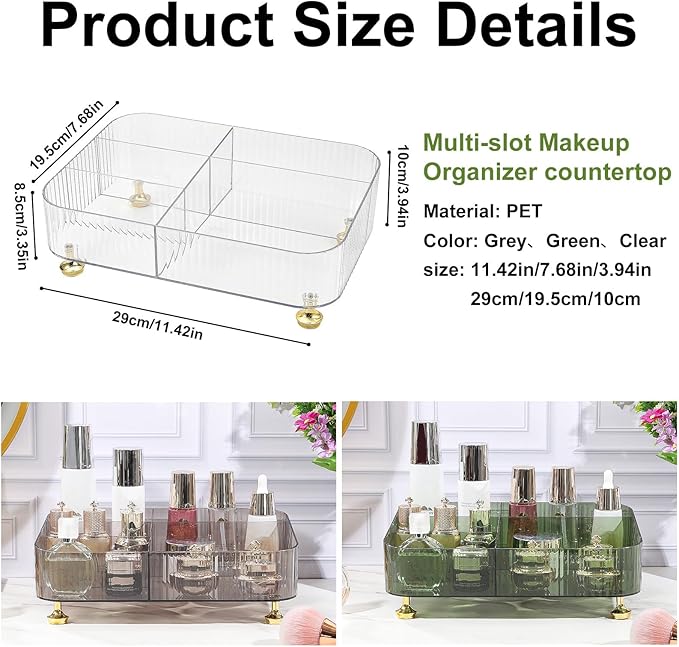 DASITON Makeup Organizer Countertop for Vanity, 5 Slots Makeup Brush Holder Organizer, Vintage Makeup Perfume Tray Cosmetic and Skincare Organizers for Bedroom Bathroom Counter, Desk Storage (Clear)
