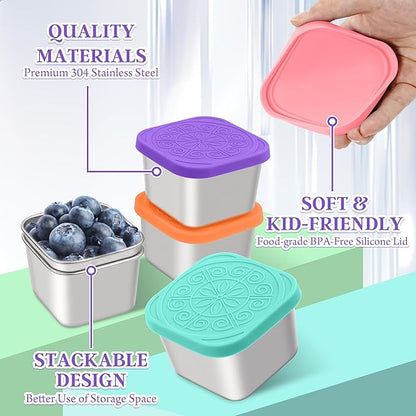 Qukaka Stainless Steel Snack Containers for Kids,7.2oz Easy Open Leak Proof Reusable Snack Box Container with Lids,Small Lunch Containers for Meal Prep,School,Picnic and Travel-6Pack