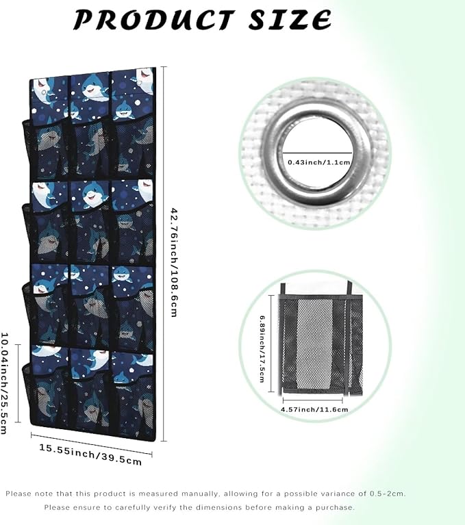 Door Organizer 12 Pockets Cute Sharks Over The Door Organizer for School Blue Multi-Pocket Organizer Easy to Install Multi-Funtion Storage Bag for Dorm