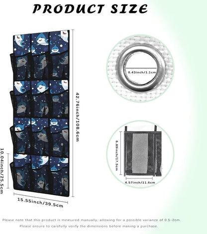 Door Organizer 12 Pockets Cute Sharks Over The Door Organizer for School Blue Multi-Pocket Organizer Easy to Install Multi-Funtion Storage Bag for Dorm