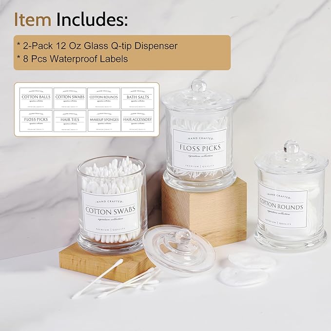 Volisnova 2 Pack Farmhouse Apothecary Jars with Lids - Glass Qtip Dispensers and Cotton Ball Holders for Bathroom Vanity Storage and Organization with 8 Pcs Wterproof Labels (Clear Glass)