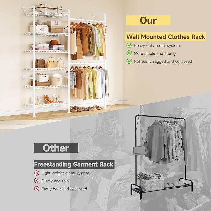ONBRILL H2 Wall Mounted Clothing Rack, Expandable Industrial Pipe Clothes Rack Garment Racks for Hanging Clothes, Heavy Duty Closet Organizers and Storage in Closet System, White