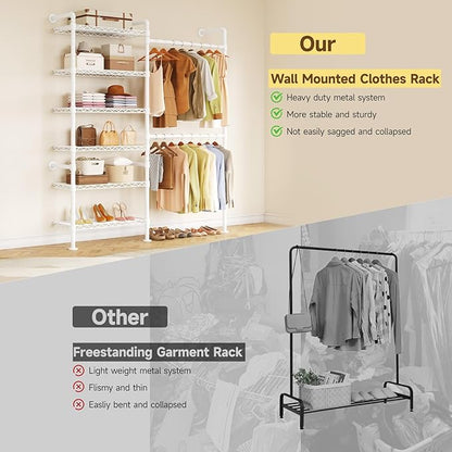 ONBRILL H2 Wall Mounted Clothing Rack, Expandable Industrial Pipe Clothes Rack Garment Racks for Hanging Clothes, Heavy Duty Closet Organizers and Storage in Closet System, White
