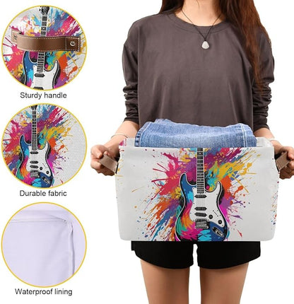 Storage Basket Colorful Guitar Painting Durable Canvas Collapsible Toy Box Organizer Bin with Handles for Shelf Closet Bedroom Home Office
