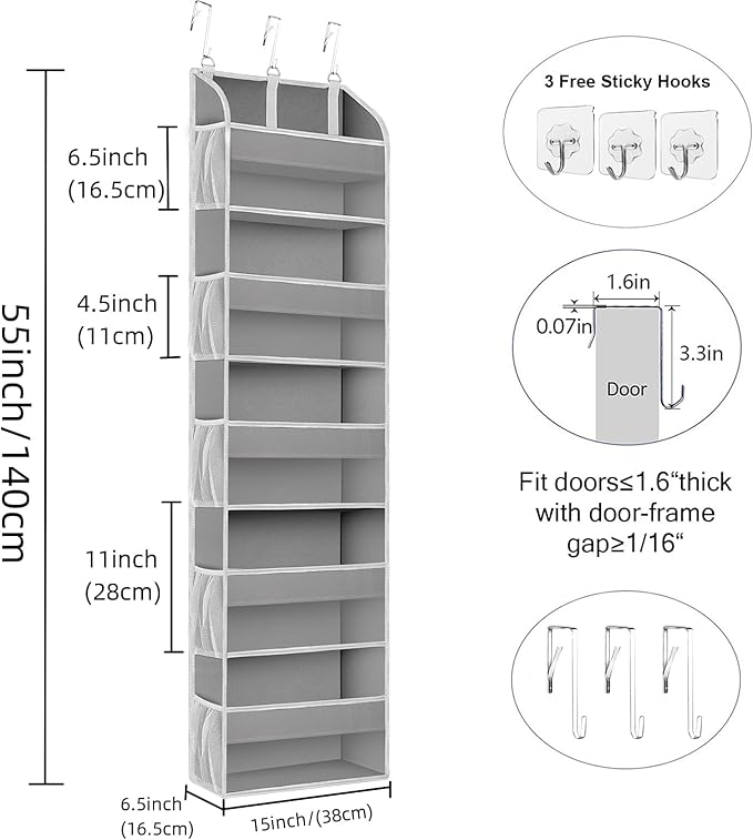 TAHAVICE 2 Pack Over The Door Storage Organizer with 5 Pockets 10 Mesh Side Pockets, 44 lbs Weight Capacity Door Hanging Organizers and Storage for Bedroom,Bathroom,Nursery,Pantry,Dorm(Light Gray)