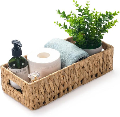 Wicker Toilet Tank Basket, Toilet Paper Basket for Back of Toilet Tank Top, Woven Water Hyacinth Bathroom Storage Basket for Organizing and Decor (14.2 x 6.5 x 3.7 inch)