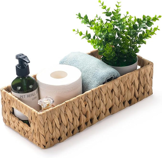 Wicker Toilet Tank Basket, Toilet Paper Basket for Back of Toilet Tank Top, Woven Water Hyacinth Bathroom Storage Basket for Organizing and Decor (14.2 x 6.5 x 3.7 inch)
