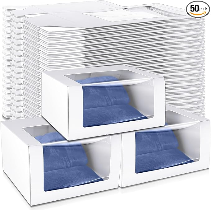 DoubleFill 50 Pcs Hat Boxes with Clear Window, Foldable Gift Boxes for Baseball Caps, Storage, Display and Shipping (White)
