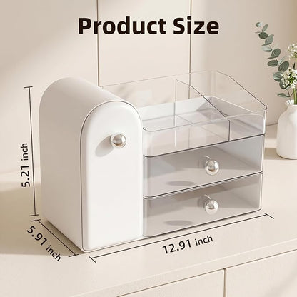 Makeup Organizer with Dustproof Brush Holder, Large Capacity Skincare & Cosmetic Storage for Vanity, 3-Tier Bathroom Countertop Organizer with Drawers for Perfume, Lipstick, Mask, Ideal Gift (White)