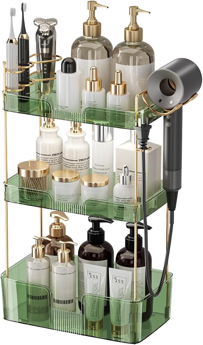 Akinbas 3 Tier Bathroom Organizer Countertop Makeup Perfume Tray Skincare Organizer Comes with Hair Dryer Rack and Toothbrush Holder for Bathroom Dresser Vanity (Green)