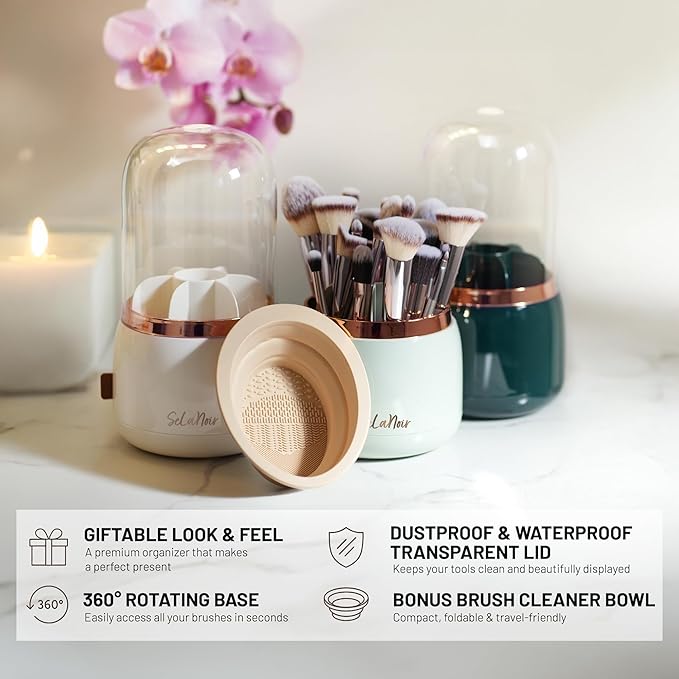 Rotating Makeup Brush Holder with Lid – Dustproof Vanity Organizer for Makeup Brushes, Bonus Foldable Makeup Brush Cleaner Bowl Included, Elegant White Storage Solution