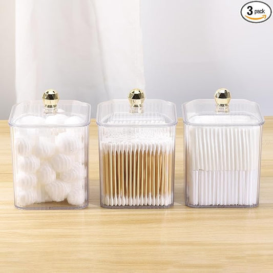 Tbestmax 3 Pack Qtip Holder Dispenser Clear Bathroom Organizer Jar Cotton Swab/Pad/Ball Holder Container Cosmetics Storage for Vanity