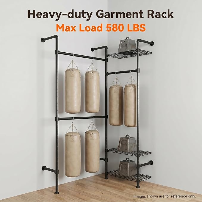 Wall Mounted Closet System – Adjustable Clothing Rack with 2 Expandable Rods & 3 Shelves, Heavy Duty Industrial Pipe Clothes Rack for Closet Organizer and Storage, Black