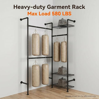 Wall Mounted Closet System – Adjustable Clothing Rack with 2 Expandable Rods & 3 Shelves, Heavy Duty Industrial Pipe Clothes Rack for Closet Organizer and Storage, Black