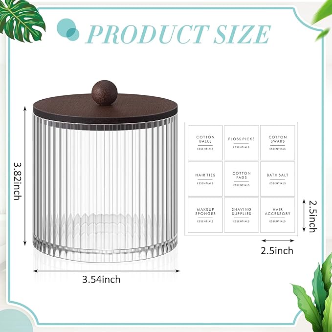 Yaomiao 6 Pcs Ribbed Bathroom Canisters Apothecary Jars with Brown Bamboo Lids and Label Stickers, 18 oz Plastic Canister with Fluted Design for Cotton Ball, Swab, Floss Picks House Storage