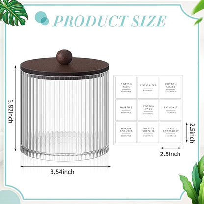 Yaomiao 6 Pcs Ribbed Bathroom Canisters Apothecary Jars with Brown Bamboo Lids and Label Stickers, 18 oz Plastic Canister with Fluted Design for Cotton Ball, Swab, Floss Picks House Storage