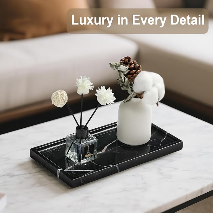 Natural Marble Vanity Tray - Moujings Genuine Marble Perfume Tray for Bathroom Decor, Stone Bathroom Vanity Organizer Tray for Kitchen Counter, Candles, Jewelry, Coffee, Makeup, Key