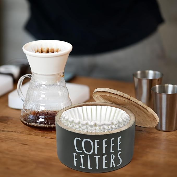 Coffee Filter Holder - Wooden Coffee Storage Container with Lid, Multipurpose Filter Dispenser, Sturdy Coffee Pod Organizer for Bar Counter Decor (Black)