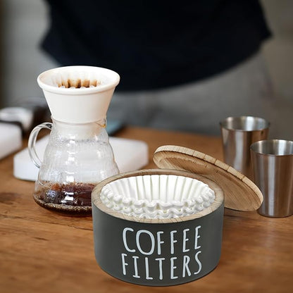 Coffee Filter Holder - Wooden Coffee Storage Container with Lid, Multipurpose Filter Dispenser, Sturdy Coffee Pod Organizer for Bar Counter Decor (Black)