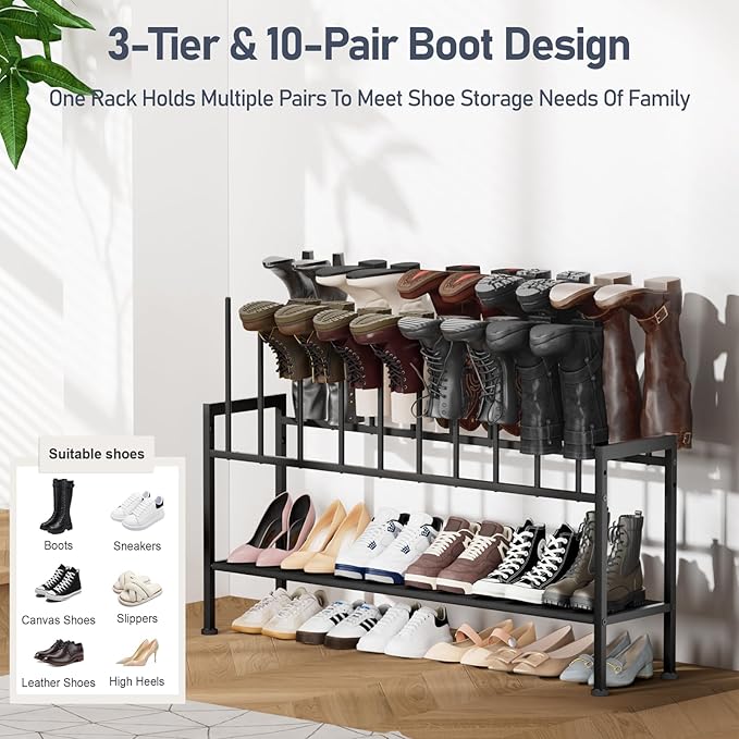 DIMJ Boot Rack 3-Tier - Black Metal Boot Storage Rack for Tall Boots Organizer Tall Boots, Shoe Rack for Boots, Sneakers, High-Heel, Entryway, Fit for 10 Pairs, Black