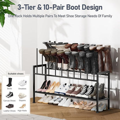 DIMJ Boot Rack 3-Tier - Black Metal Boot Storage Rack for Tall Boots Organizer Tall Boots, Shoe Rack for Boots, Sneakers, High-Heel, Entryway, Fit for 10 Pairs, Black