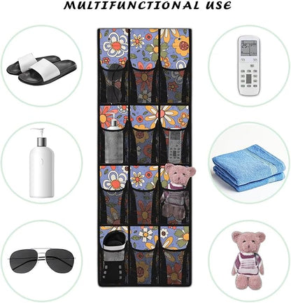 Over the Door Shoe Organizer,Retro Hippie Floral Pattern Behind Door Shoes Hang Holder Rack,Hanging Shoe Storage Hanging Bag Space Saver Waterproof Reusable