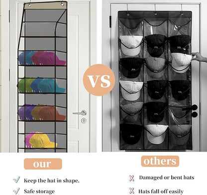 Over the Door Hat Rack Organizer for Daseball Caps, 6-Shelf Clear Baseball Hat Storage Organizer for Closet Wall Door, Hat Holder with 2 Hooks (Grey)
