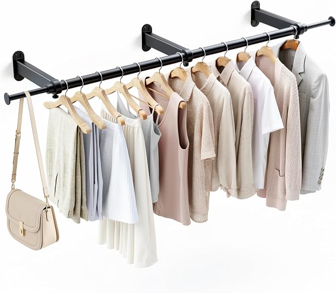 Luxspire Wall Mounted Clothes Rack, Industrial Pipe Clothing Rack, 41" Heavy Duty Extendable Iron Garment Bar, Multi-Purpose Hanging Rods for Clothes Bedroom, Laundry Room, Closet 1 Pack, Black