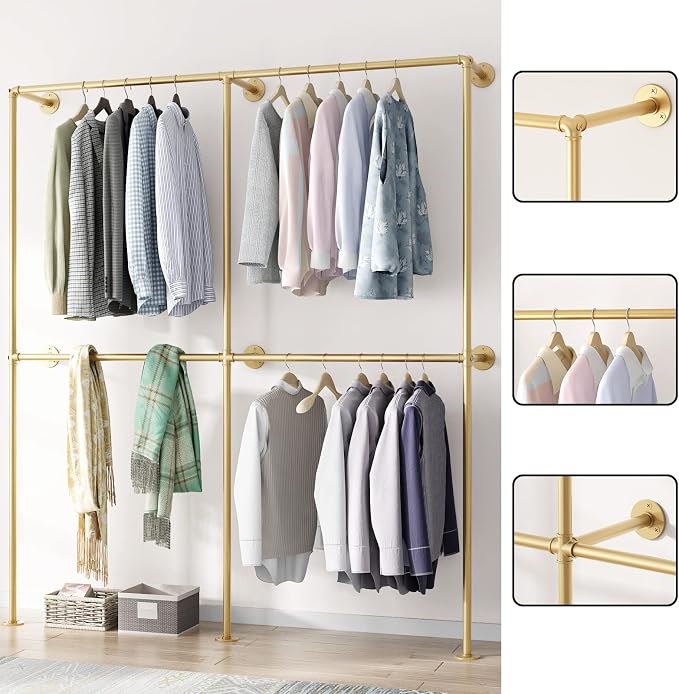 Gold Pipe Clothing Racks Wall Mount Gold Clothes Rack, Heavy Duty Industrial Pipe Clothes Racks Retail Display Hanging Rod for Closet Storage, Laundry Room