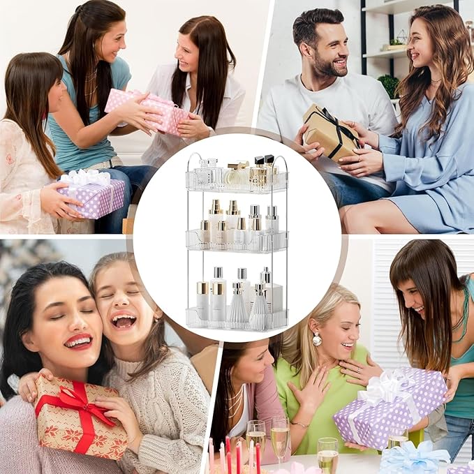 Bathroom Organizer Countertop, Vanity Trays, Skincare Makeup Organizer Shelf, Counter Shelf for Cosmetics, Toiletries, Lotions, Perfumes (3 Tiers, Clear)