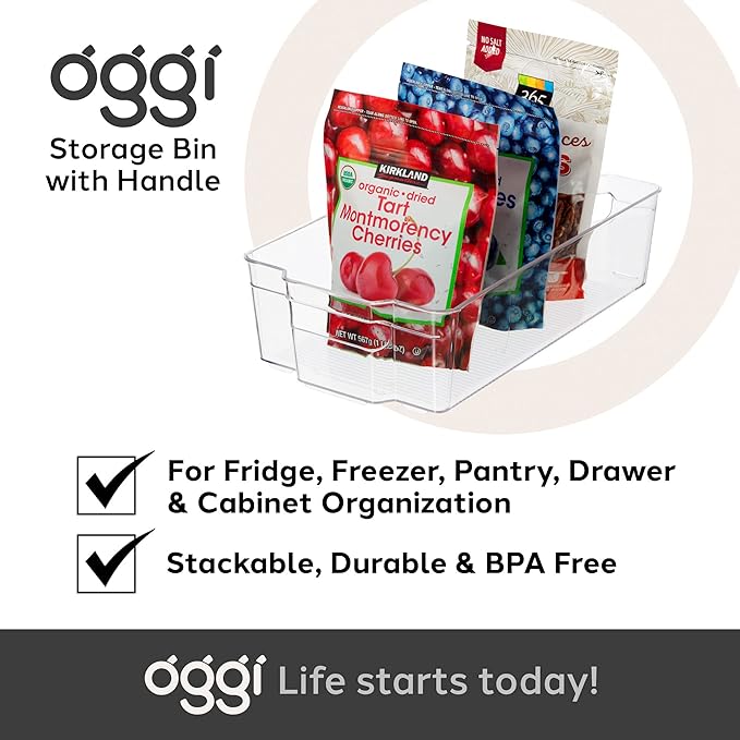 OGGI Stackable Storage Bin With Handle - Large (14.75" x 8.5" x 3.75") - Ideal for Kitchen Organization, Pantry Storage, Fridge Organizing, Clear