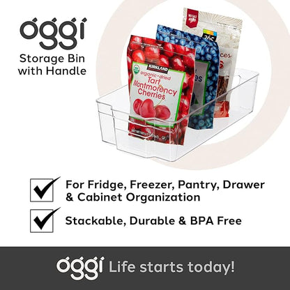 OGGI Stackable Storage Bin With Handle - Large (14.75" x 8.5" x 3.75") - Ideal for Kitchen Organization, Pantry Storage, Fridge Organizing, Clear
