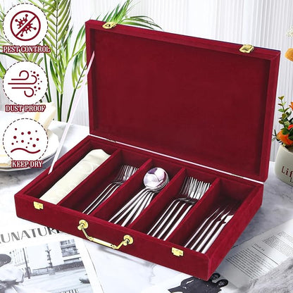 Pickmesh Silverware Case with Lid and Handle, Silverware Storage Box Sterling Silver Flatware Chest Without Silver Tarnish Proof Utensils Organizer for Kitchen Decor Wedding Gifts(Burgundy,1 Layer)