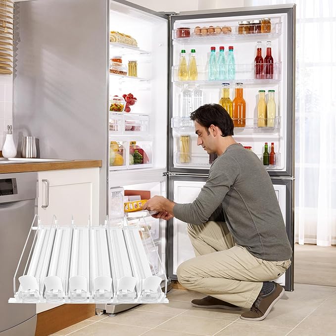 Drink Organizer for Fridge, 18.9x15.0x3.1in Soda Can Dispenser for Refrigerator, 6 Rows Adjustable Automatic Pusher Glide Drink Dispenser for Beer Beverages (White)