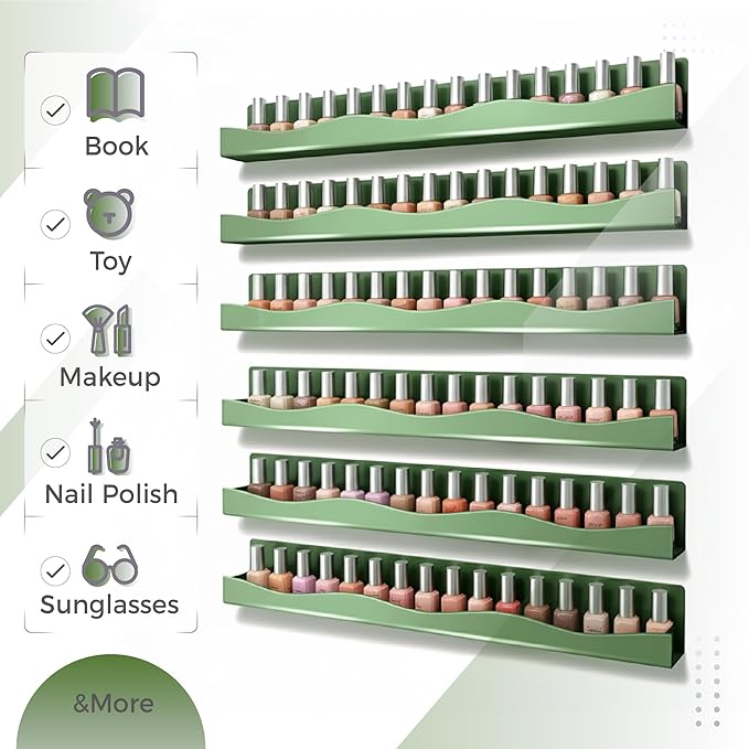 6 Pack Nail Polish Wall Mounted Shelf,15 Inch Nail Polish Floating Shelves for 66-90 Bottles Multi-Purpose,Ideal Gift, Great Display for Salons Retailers,Dark Green