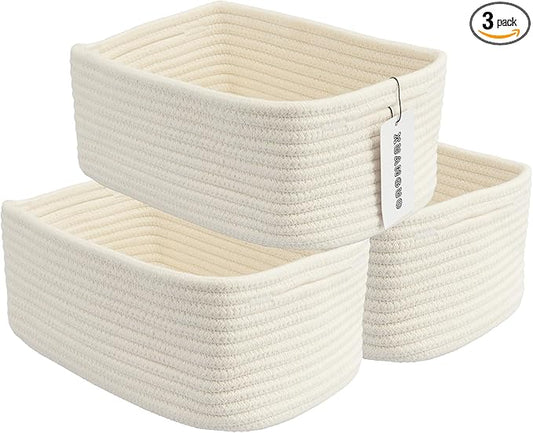 XUANGUO Small Woven Storage Baskets 12“X8”X5“ Decorative Rope Bins for Organizing Shelves, Closets, and Toys, Empty Gift Baskets, Cute Organizer Basket for Home and Office (white, regular)