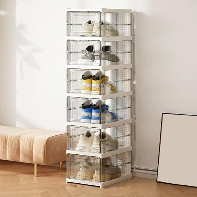 Cocoarm Clear Shoe Storage Box, Stackable Plastic Organizer, Quick Fold Design for Sneakers and Boots, Holds Size 12 for Closet or Entryway (6 Layers 10.04x13.58x41.34in)