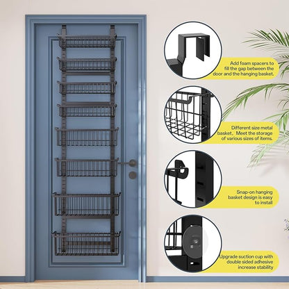 Over The Door Pantry Organizer, 8-Tier Over The Door Organizer with Adjustable Baskets, Metal Hanging Spice Rack for Pantry Organizers and Storage, Suitable for Kitchen Laundry Room & Bathroom, Black