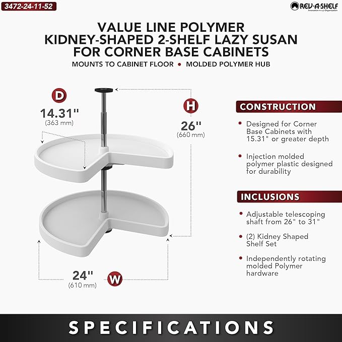 Rev-A-Shelf 24" Kidney Shaped Dual Tier Lazy Susan Organizer for Corner Base Kitchen Cabinets, Plastic Home Storage Shelves, 24" W x 14.31" D x 26" H, White, 3472-24-11-52